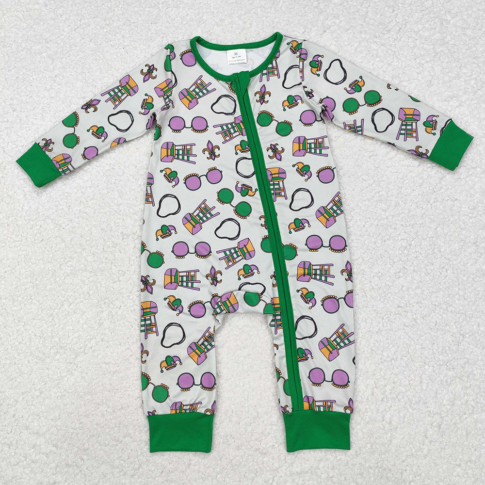 Baby Boy Sibling Mardi Gras Green Romper Pajamas Set