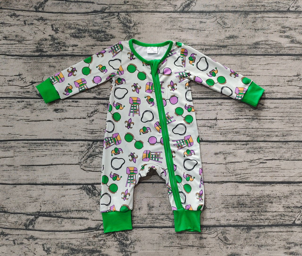 Baby Boy Infant Long Sleeves Mardi Gras Zipper Green Romper