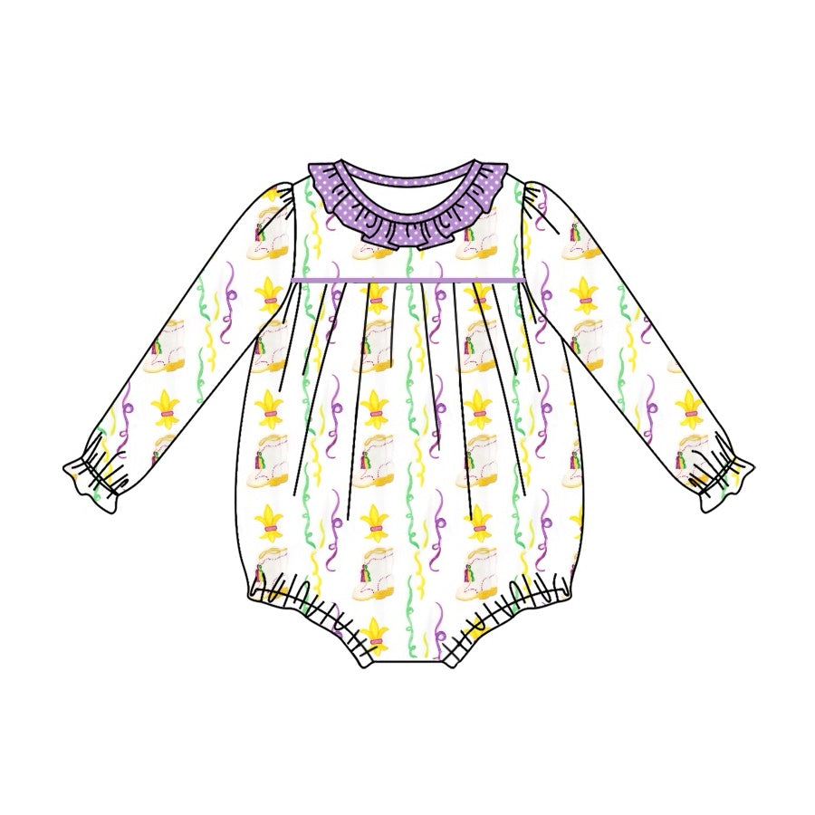 Pre-order Baby Girl Infant Long Sleeves Mardi Gras Purple Bubble Romper ( No moq )