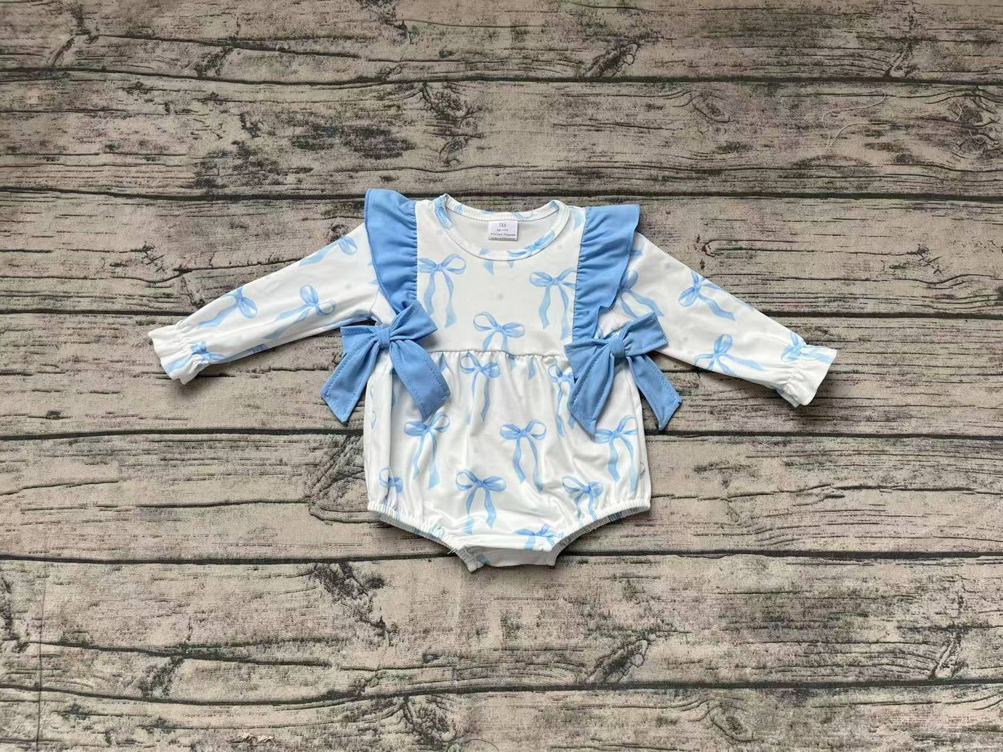 Baby Girl Infant Long Sleeves Blue Bows Bubble Romper