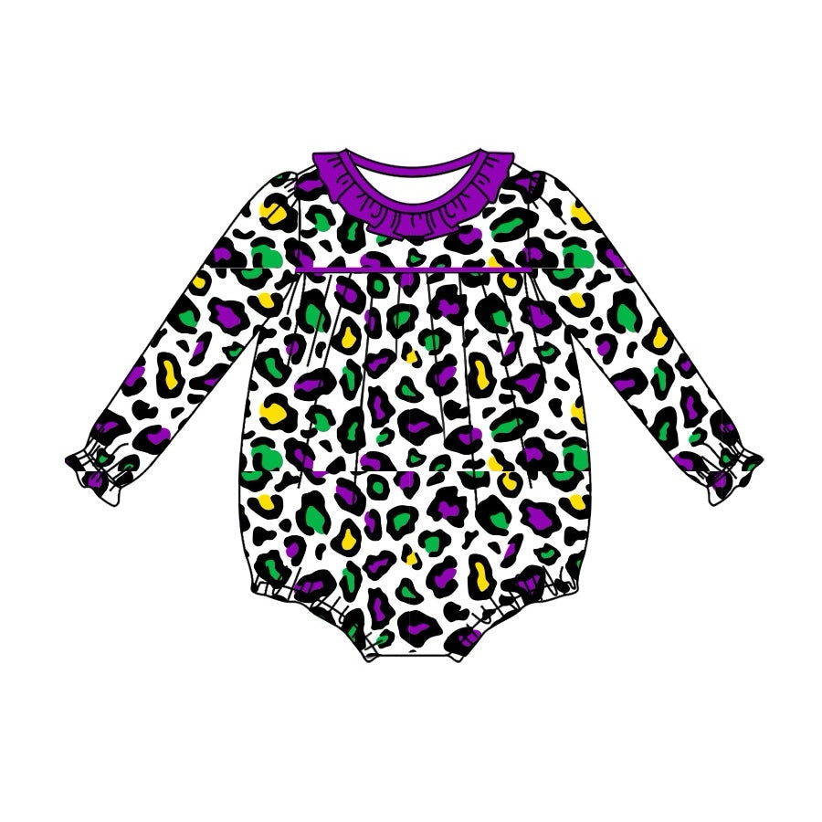 Pre-order Baby Girl Infant Long Sleeves Mardi Gras Leopard Bubble Romper