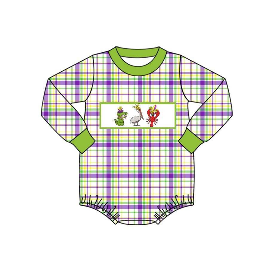 Pre-order Baby Boy Infant Long Sleeves Mardi Gras Checkered Crawfish Bubble Romper