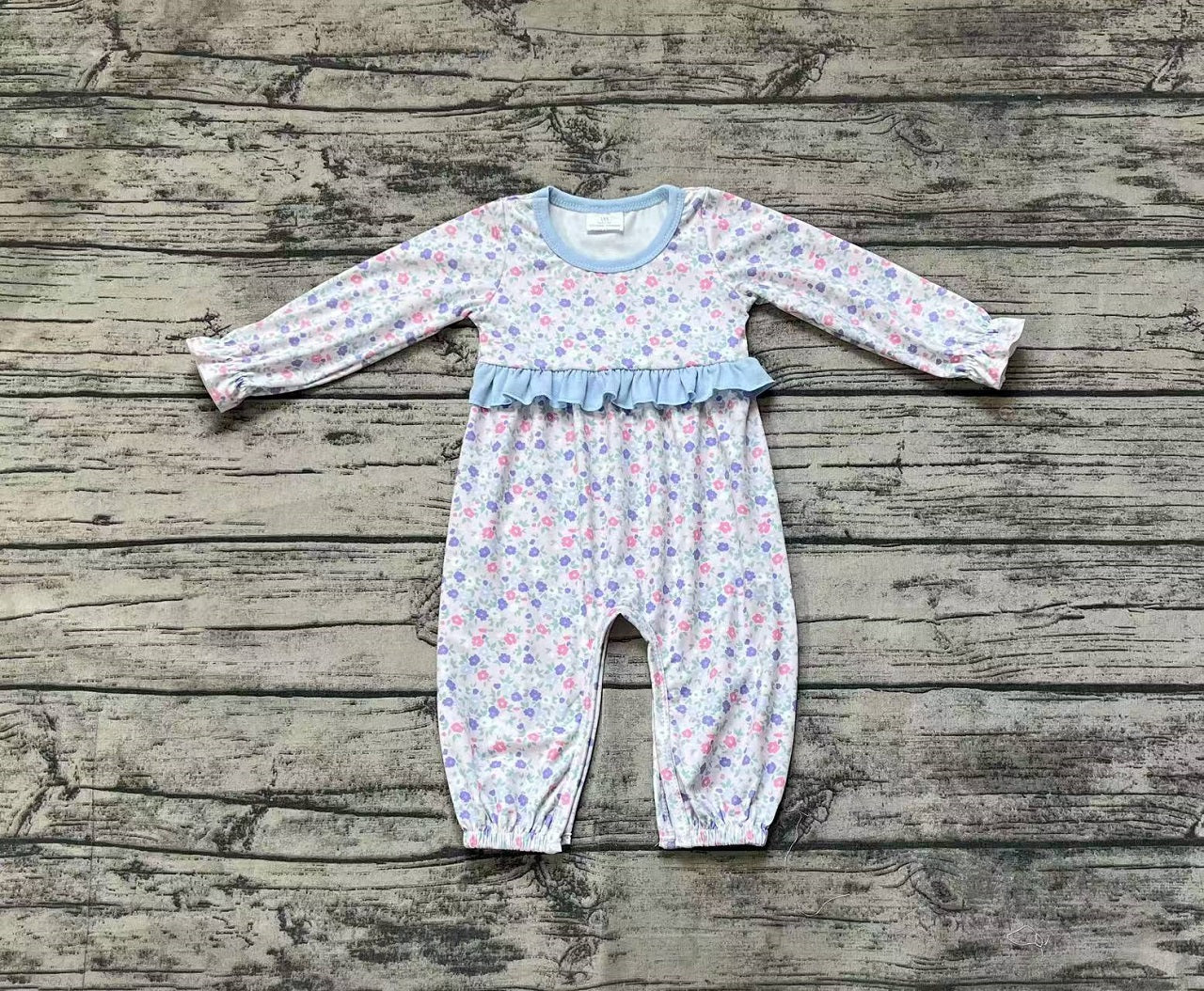 Baby Girl Infant Floral Long Sleeves Blue Ruffle Romper