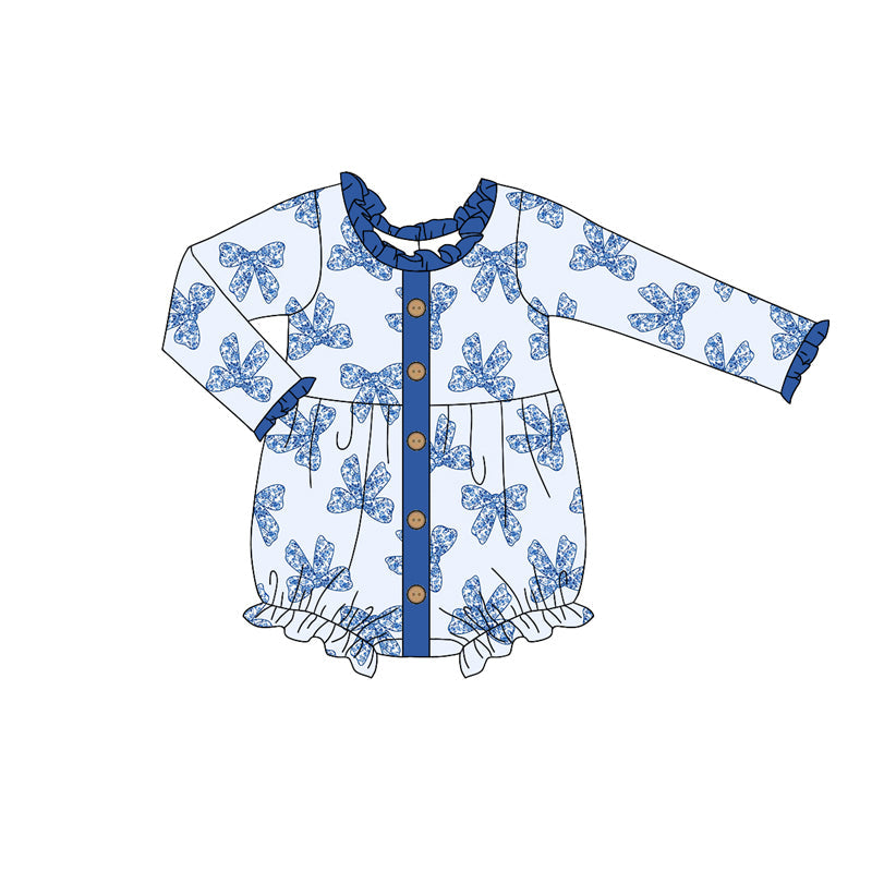 Pre-order Baby Girl Infant Long Sleeves Blue Bows Bubble Romper