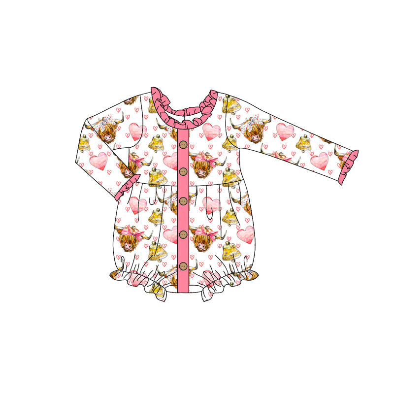Pre-order Baby Girl Infant Valentines Highland Cow Hearts Bubble Romper