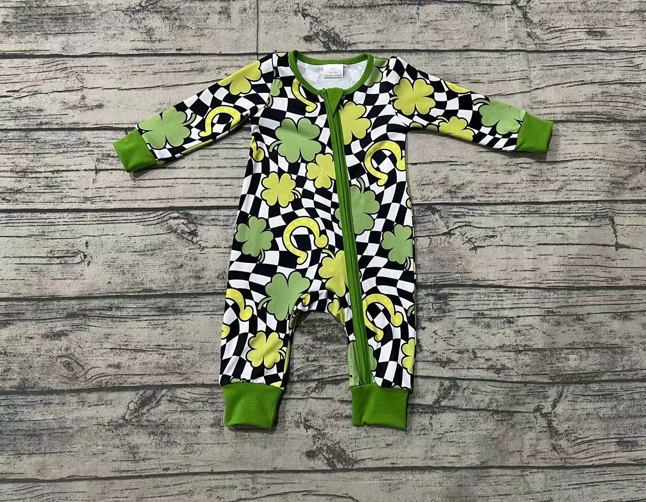 Baby Boy Infant Short Sleeves St Patrick Day Clover Zipper Green Romper