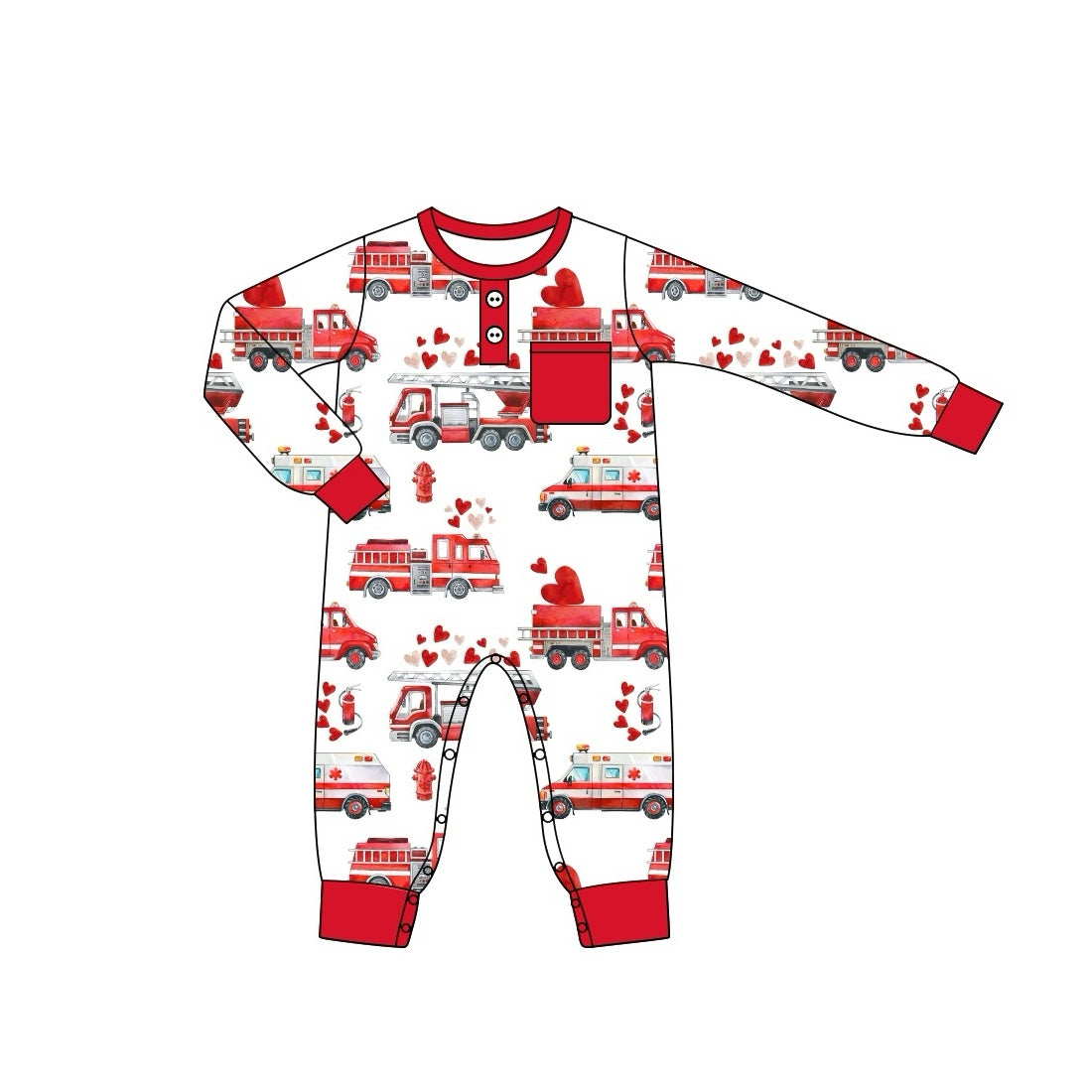 Pre-order Baby Boy Infant Long Sleeves Firetruck Hearts Valentines Pocket Romper