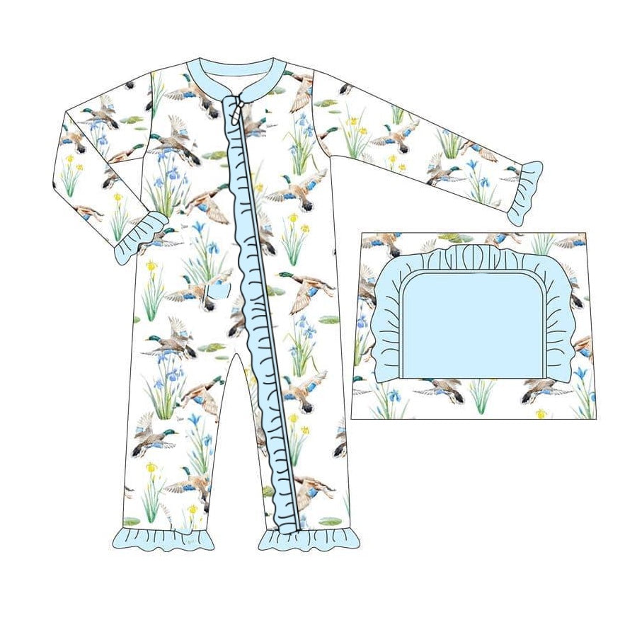 Pre-order Baby Girl Infant Long Sleeves Ducks Hunting Blue Ruffle Zipper Romper