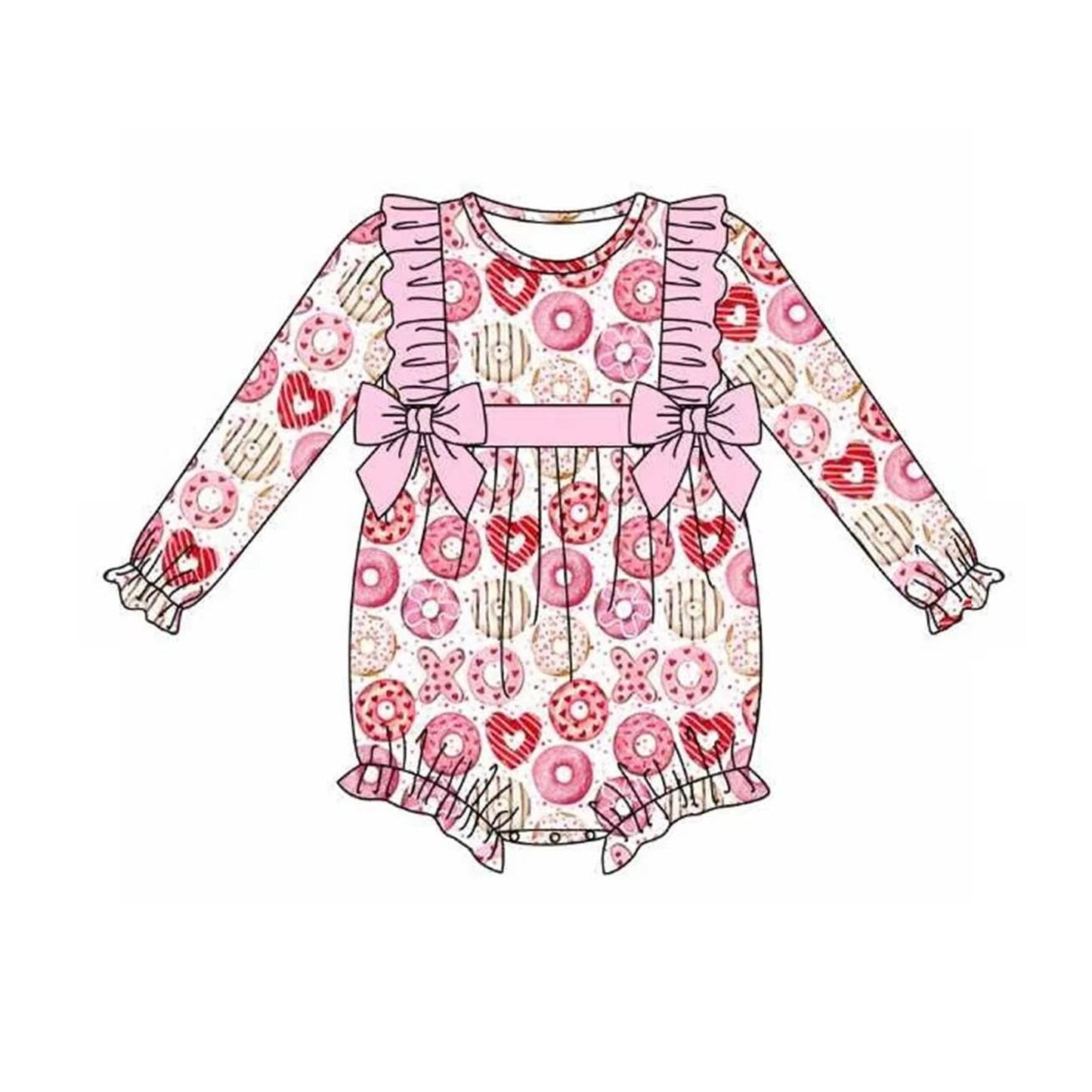 Pre-order Baby Girl Infant Long Sleeves Donuts Bows Valentines Pink Romper