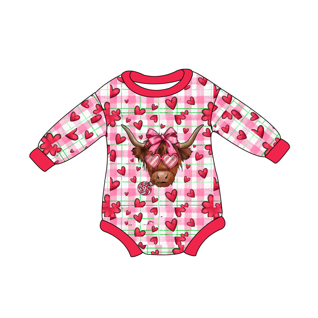 Pre-order Baby Girl Infant Long Sleeves Valentines Cow Hearts Bubble Romper