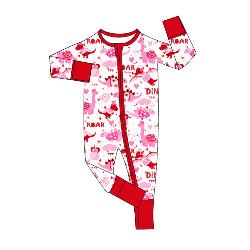 Pre-order Baby Girl Infant Valentines Dinosaurs Hearts Zipper Romper