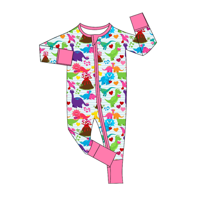 Pre-order Baby Girl Infant Long Sleeves Valentines Dinosaurs Hearts Zipper Romper