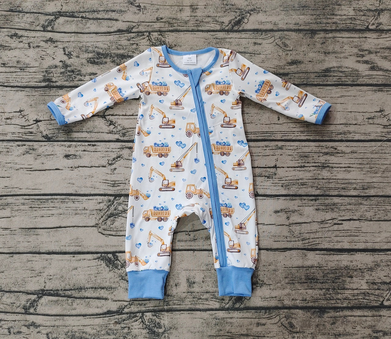 Baby Boy Infant Long Sleeves Valentine Tractors Hearts Zipper Romper