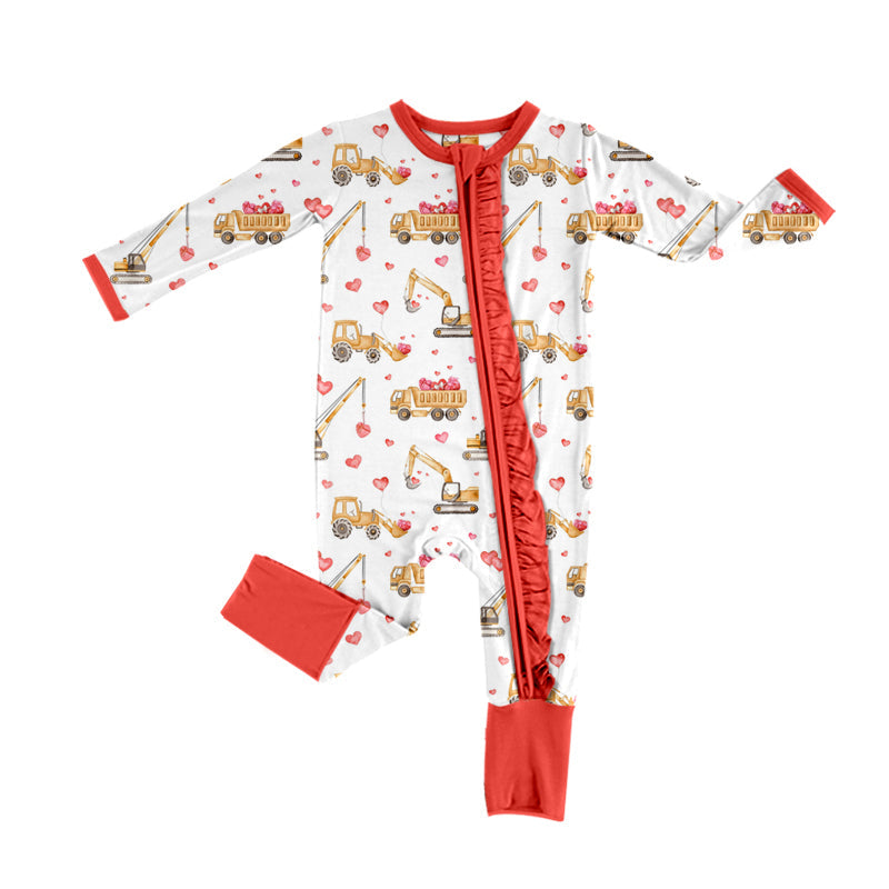 Pre-order Baby Girl Infant Valentine Tractors Hearts Zipper Romper