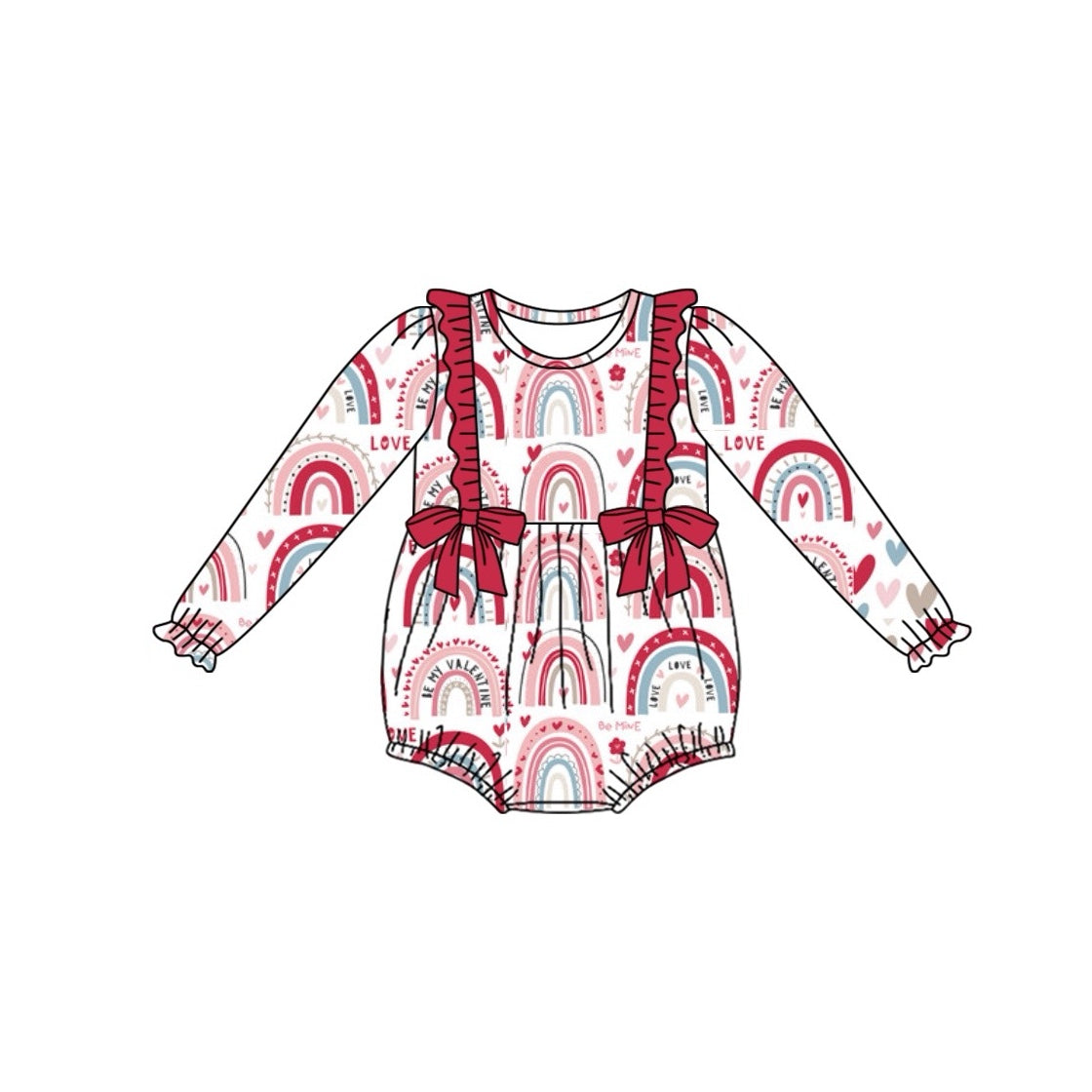 Pre-order Baby Girl Infant Long Sleeves Valentine Rainbow Hearts Bubble Romper
