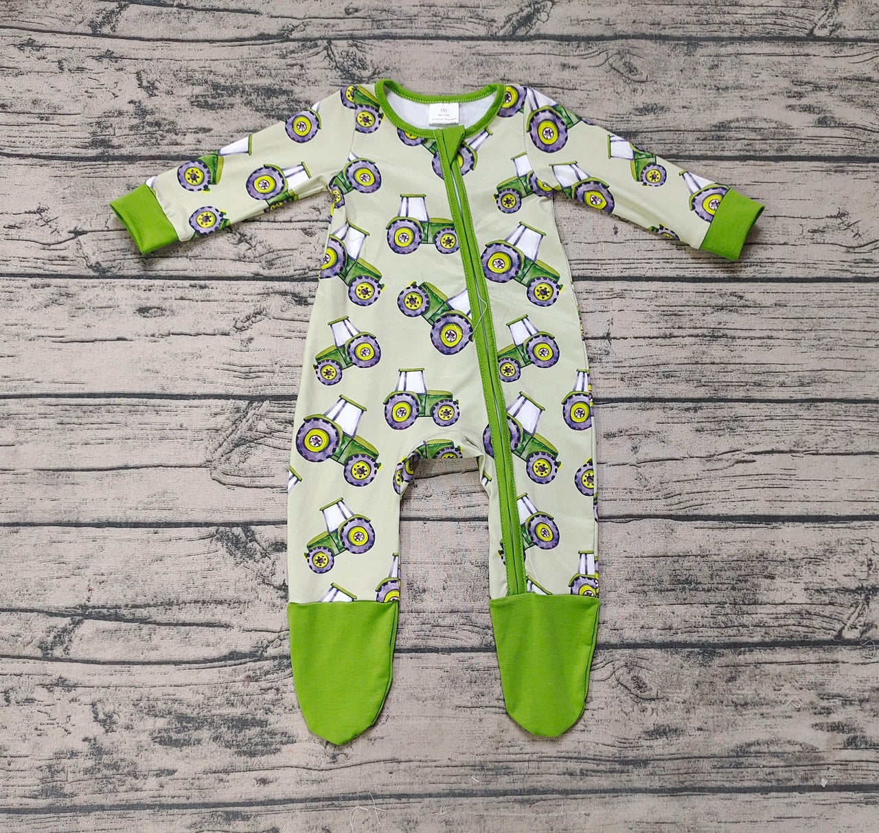 Pre-order Baby Boy Infant Long Sleeves Tractor Footie Zipper Green Romper