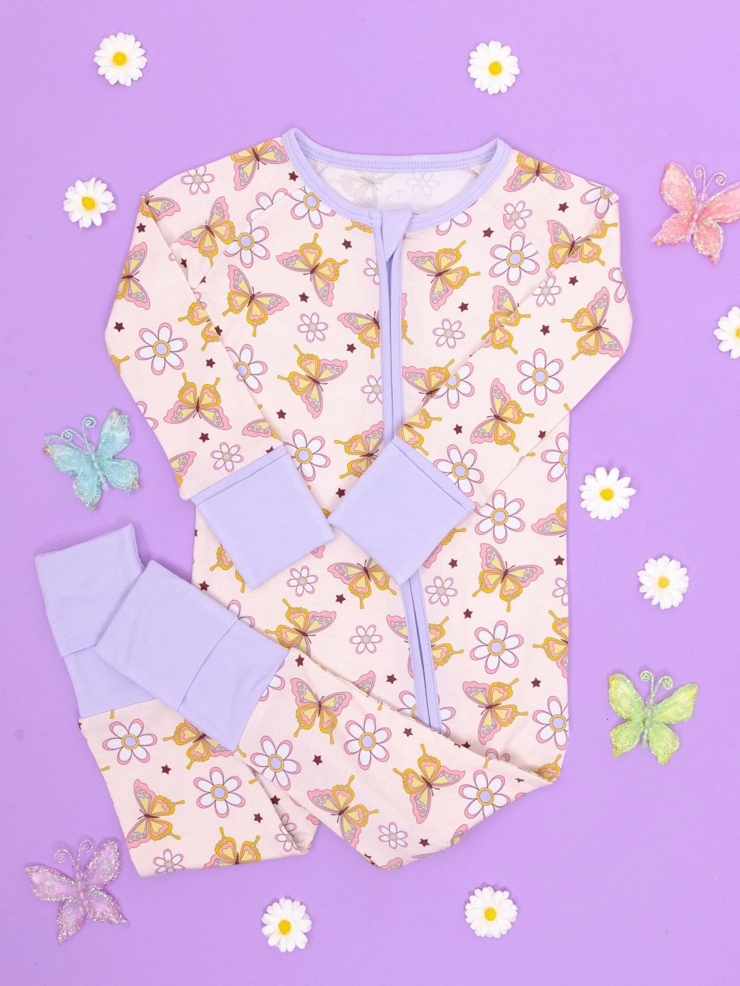 Preorder Baby Girl Infant Long Sleeves Butterfly Flower Zipper Romper