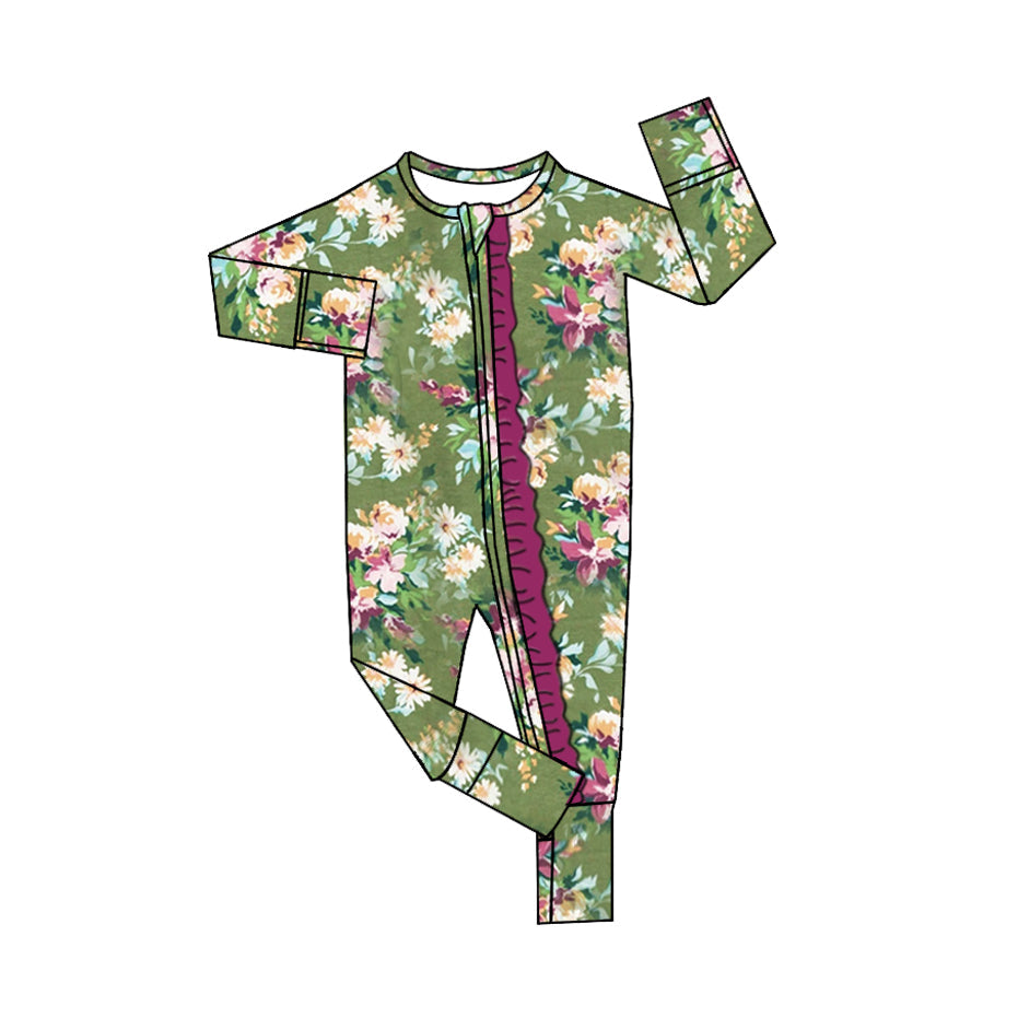 Preorder Baby Girl Infant Long Sleeves Green Flower Spring Zipper Romper