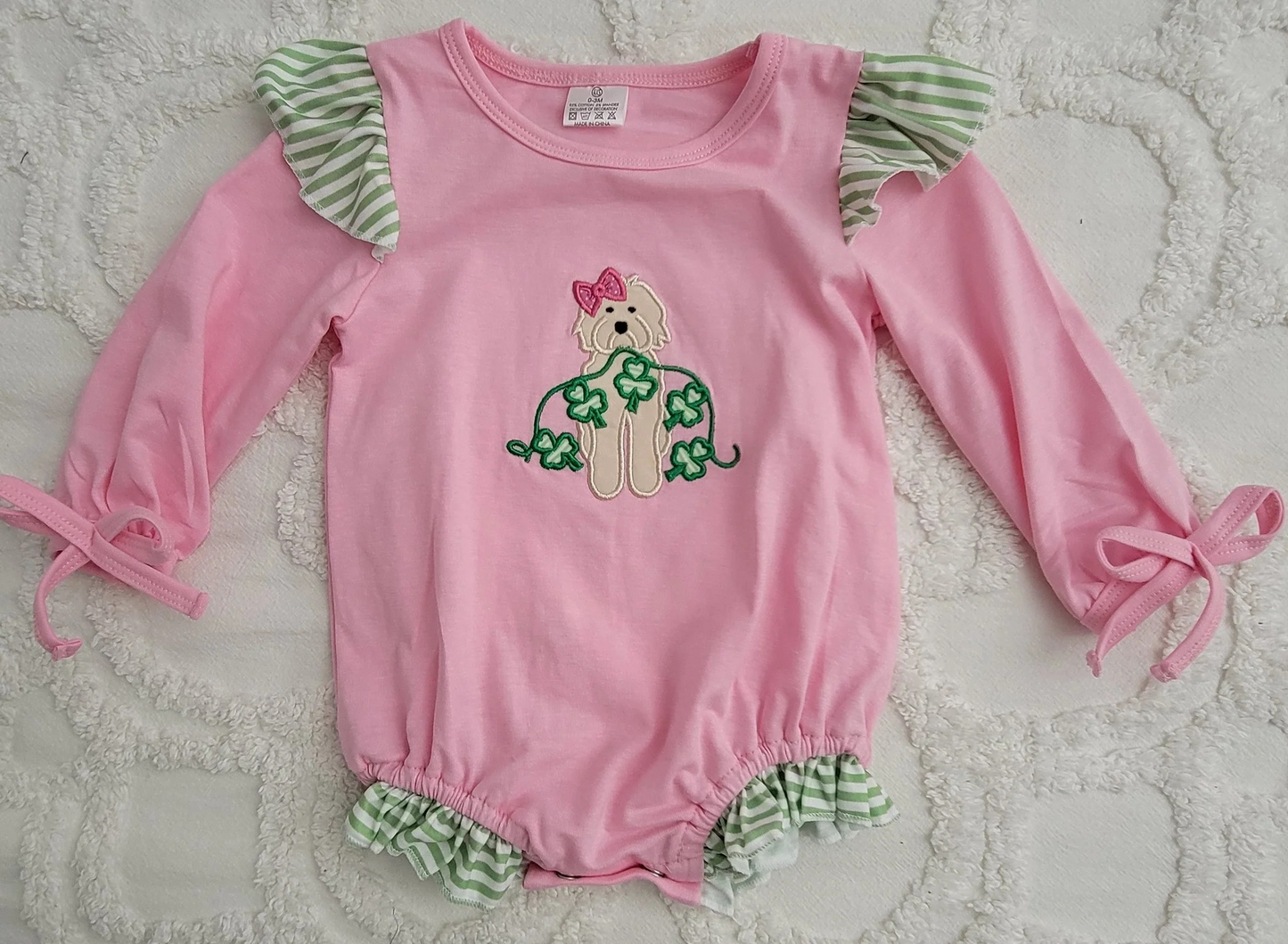 Preorder Baby Girl Infant Long Sleeves St Patrick Dog Bubble Pink Romper