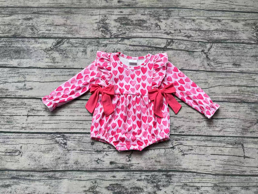 Preorder Baby Girl Infant Long Sleeves Hearts Bows Valentines Bubble Romper