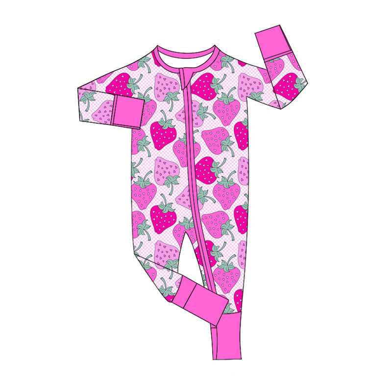 Preorder Baby Girl Infant Long Sleeves Strawberry Zipper Pink Romper