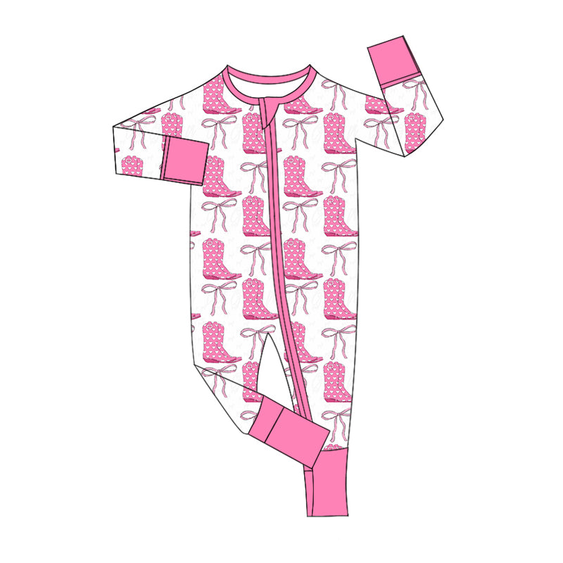 Preorder Baby Girl Infant Long Sleeves Pink Boots Bows Zipper Romper