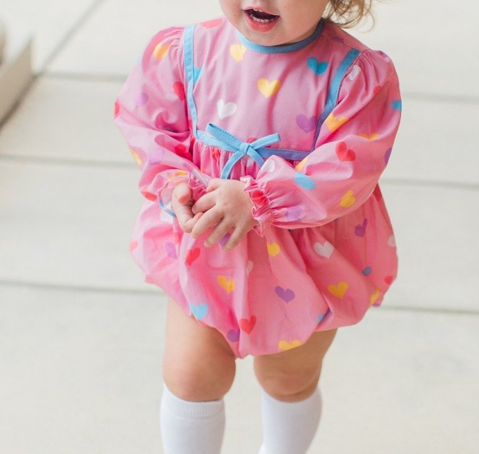Preorder Baby Girl Infant Long Sleeves Colorful Hearts Valentines Pink Bubble Romper