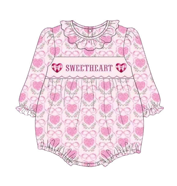 Preorder Baby Girl Infant Long Sleeves Bows Sweetheart Pink Bubble Romper