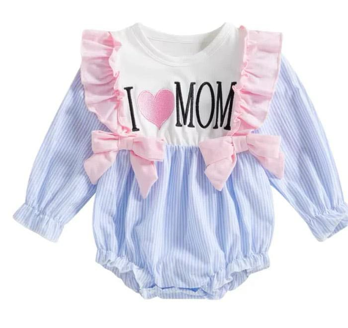 Preorder Baby Girl Infant Long Sleeves I Love Mom Bows Bubble Romper