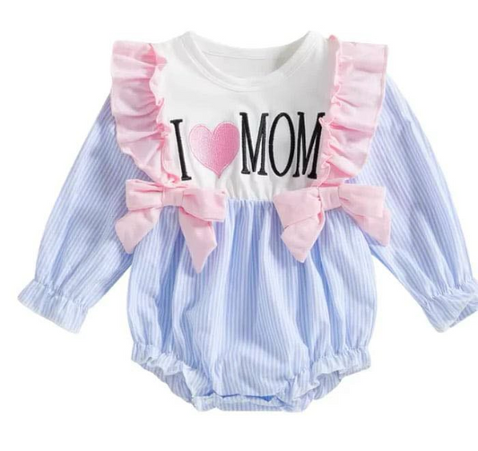 Preorder Baby Girl Infant Long Sleeves I Love Mom Bows Bubble Romper