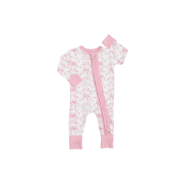 Preorder Baby Girl Infant Long Sleeves Pink Bows Ruffles Zipper Romper