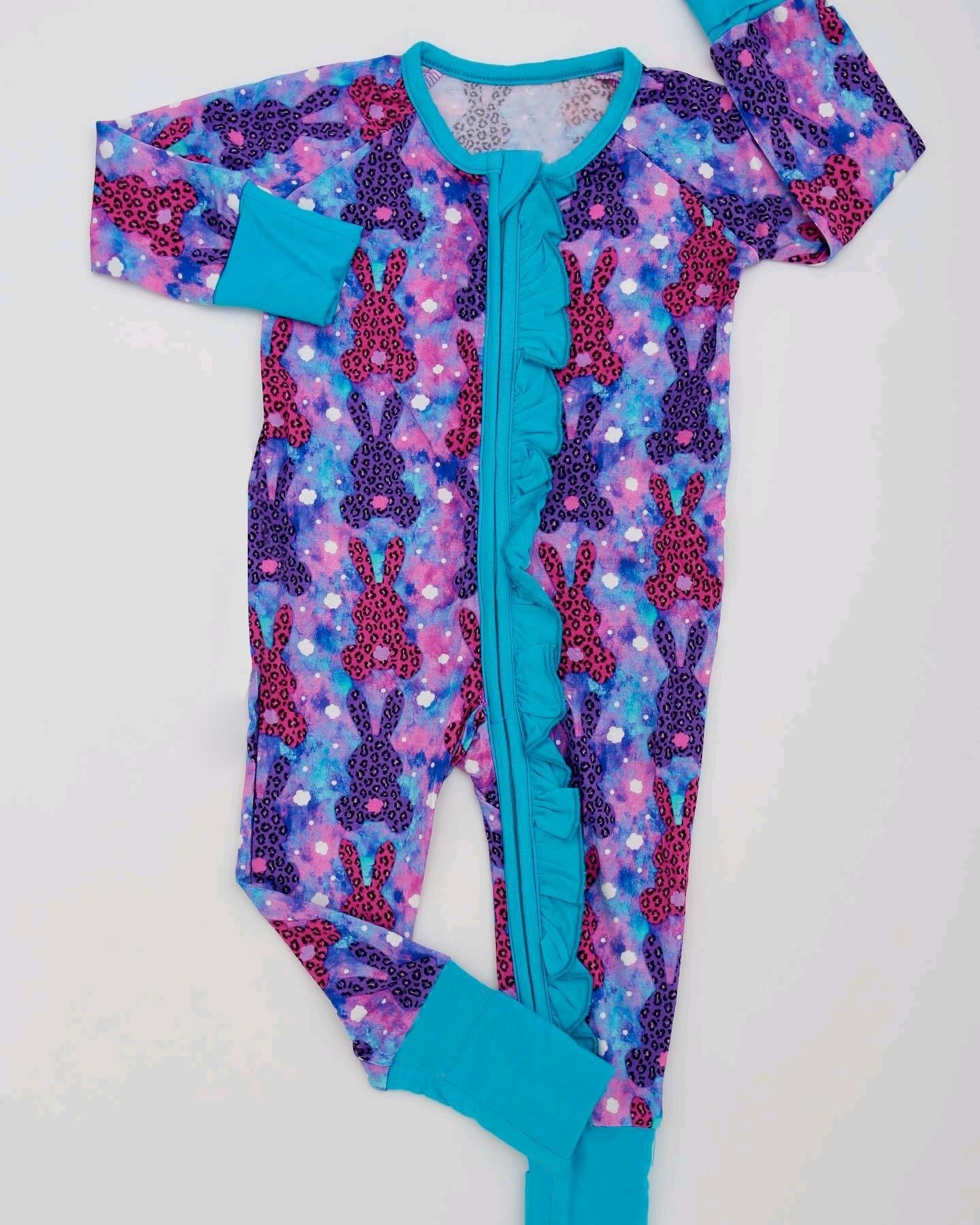 Preorder Baby Girl Infant Long Sleeves Easter Leopard Rabbits Zipper Romper
