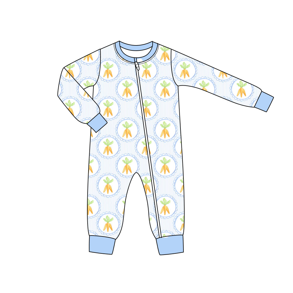 Preorder Baby Boy Long Sleeves Easter Carrots Zipper Blue Romper ( Moq 5 )