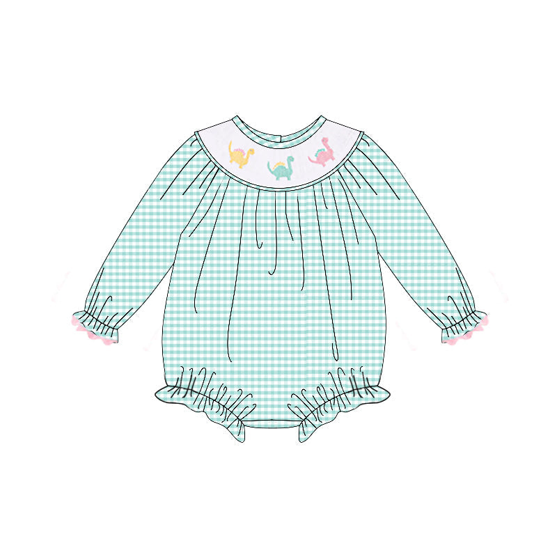 Preorder Baby Girl Long Sleeves Dinosaurs Green Plaid Bubble Romper ( Moq 5 )