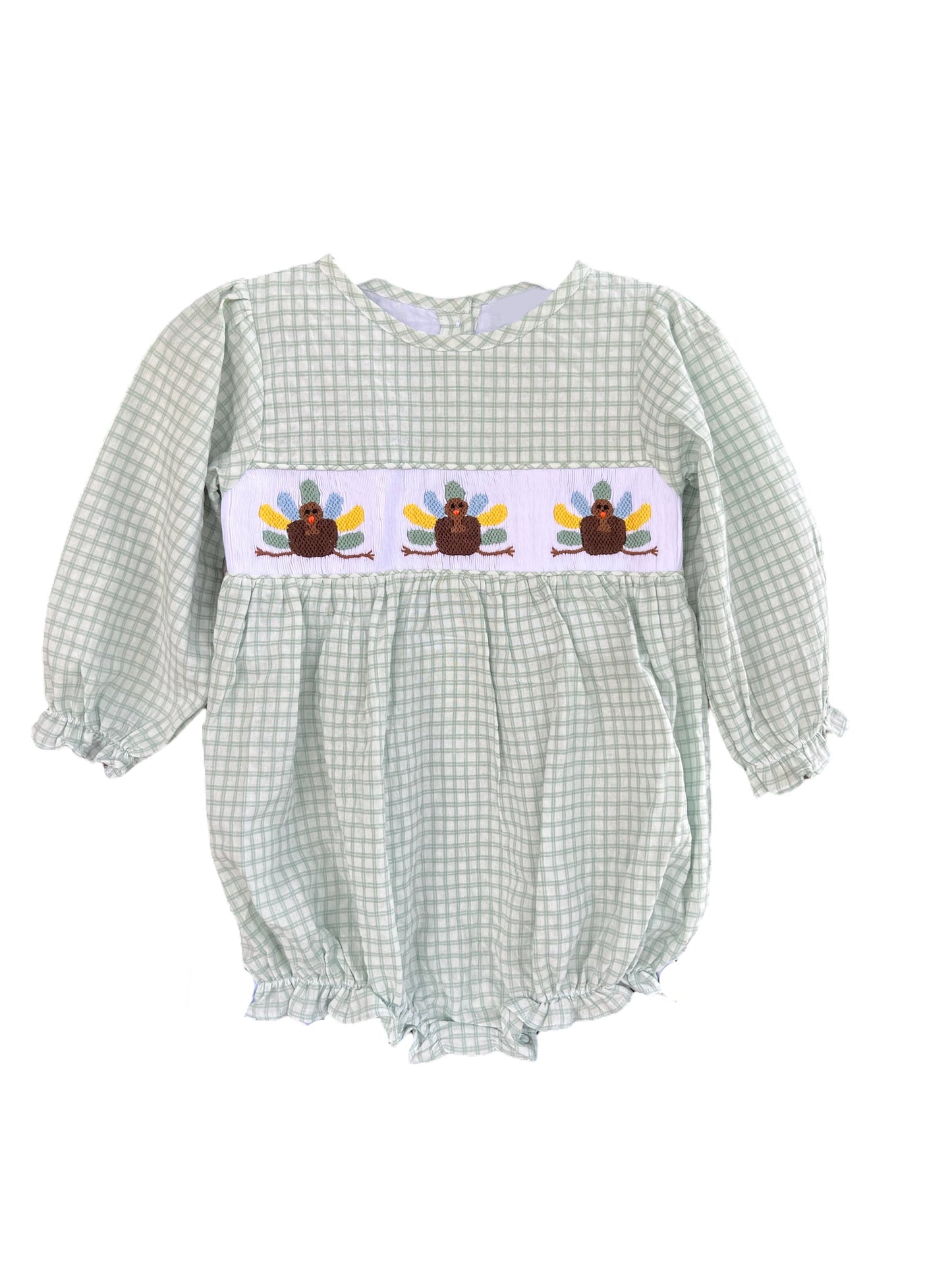 Preorder Baby Girl Long Sleeves Thanksgiving turkey Green Plaid Romper (  Moq 5 )
