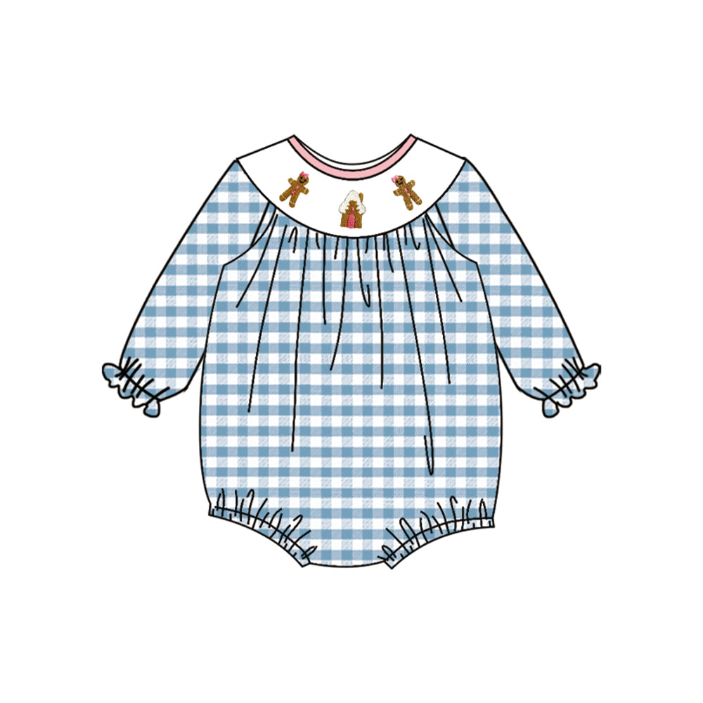 Preorder Baby Girl Blue Plaid Long Sleeves Gingerbread Bubble Romper (  Moq 5 )
