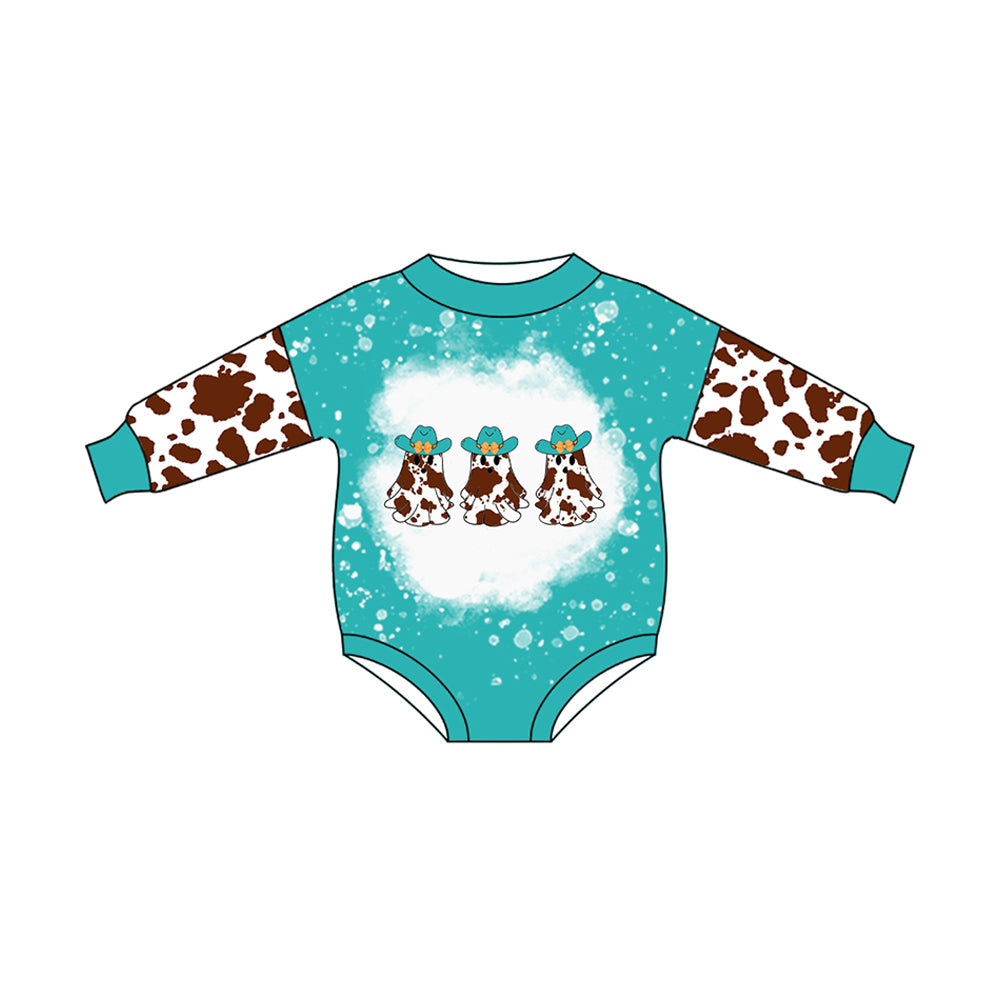 Preorder Baby Infant Girls Blue Long Sleeves Cow Print Hats Ghosts Rompers ( Moq 5 )