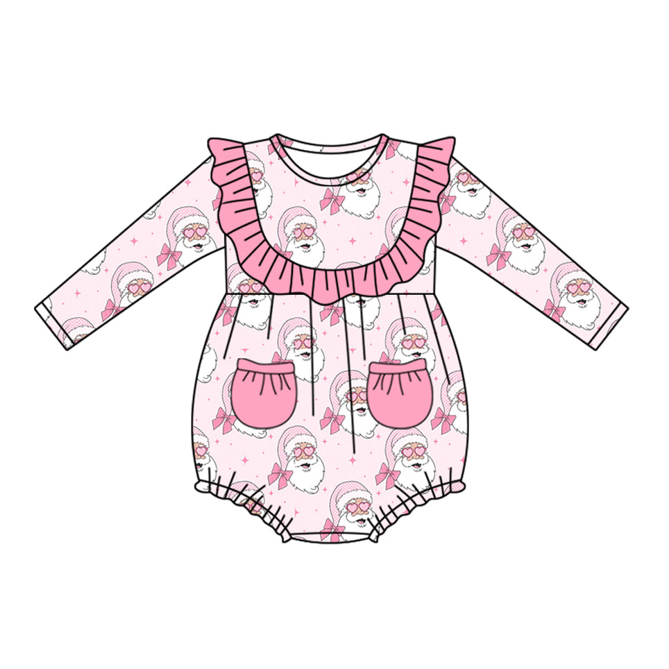 ( Moq 5 ) Preorder Baby Infant Girl Long Sleeves Santa Pockets Pink Ruffle Romper