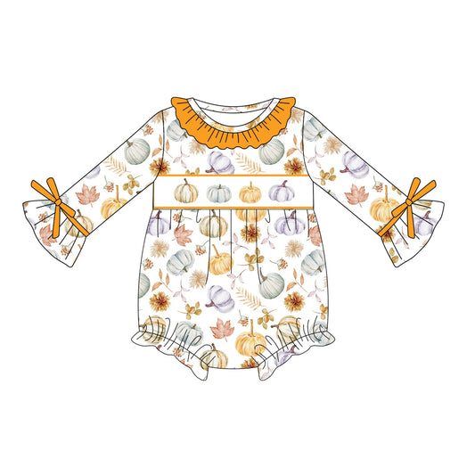 ( Moq 5 ) Preorder Baby Girl Long Sleeves Pumpkins Flower Bubble Romper