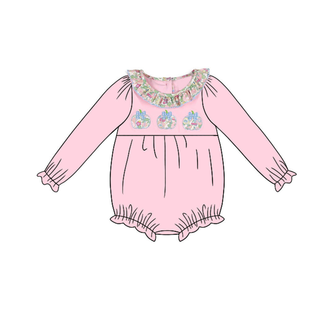 ( Moq 5 ) Preorder Baby Girl Pink Long Sleeves Pumpkins Ruffle Bubble Romper