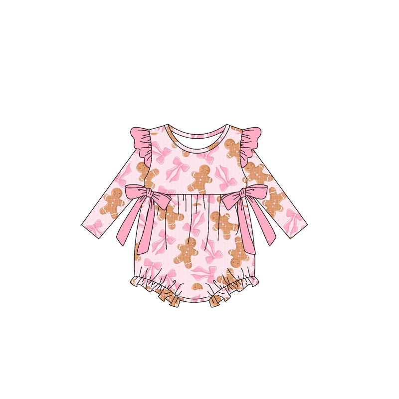 ( Moq 5 ) Preorder Baby Girl Pink Long Sleeves Gingerbread Bows Ruffle Bubble Romper