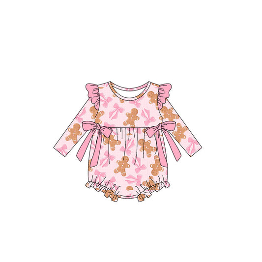 ( Moq 5 ) Preorder Baby Girl Pink Long Sleeves Gingerbread Bows Ruffle Bubble Romper