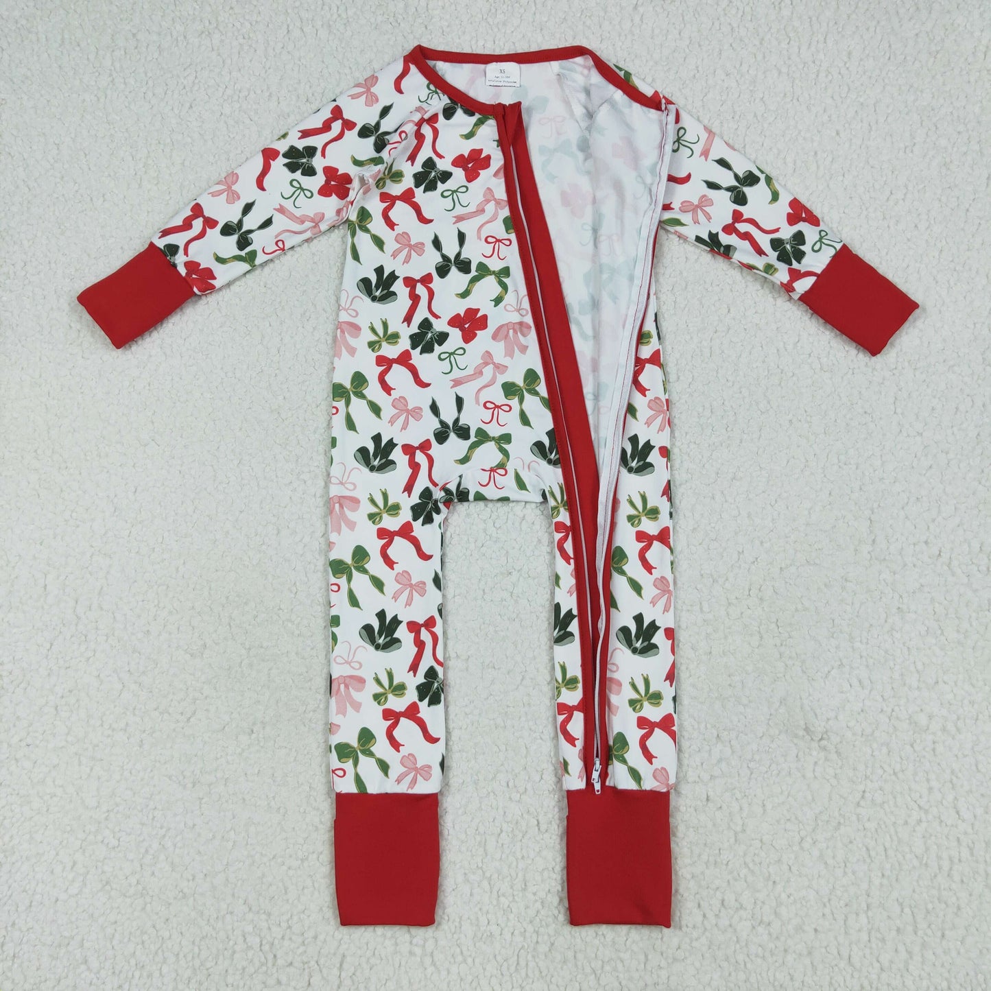 Sibling Baby Boys Girls Kids Christmas Bows Santa Two-way Zipper Footie Sleeper Rompers RTS