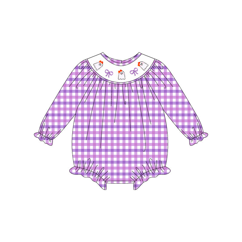 ( Moq 5 ) Preorder Baby Girl Long Sleeves Purple Plaid Smocked Bows Ghosts Halloween Romper