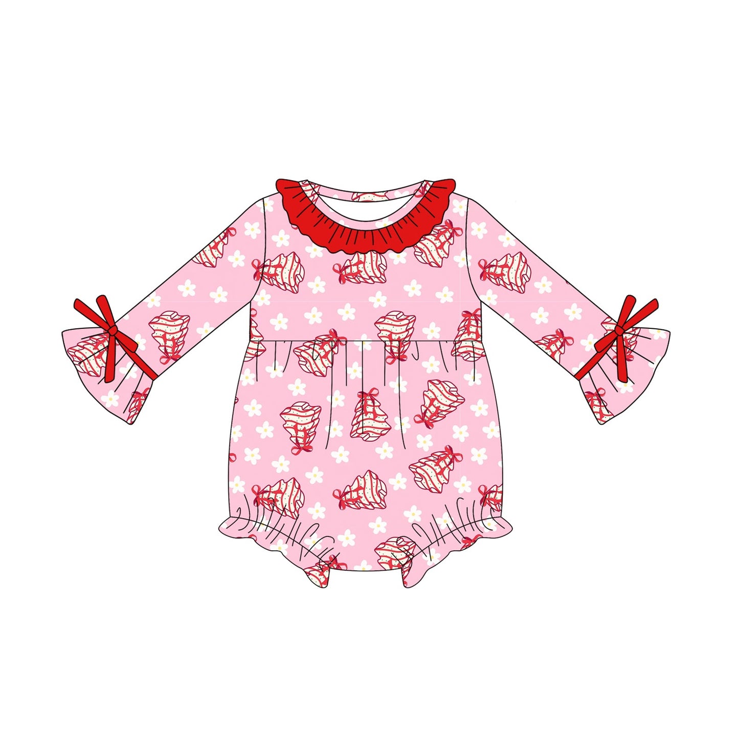 ( Moq 5 ) Preorder Baby Girl Long Sleeves Flower Trees Christmas Pink Romper