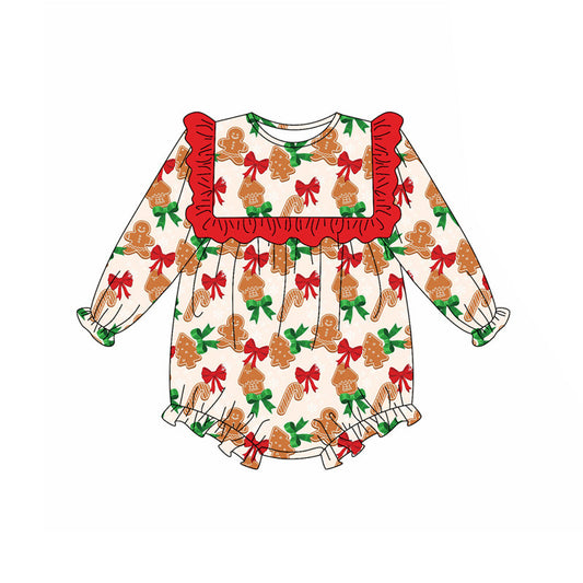 ( Moq 5 ) Preorder Baby Girl Long Sleeves Bows Gingerbread Christmas Bubble Romper