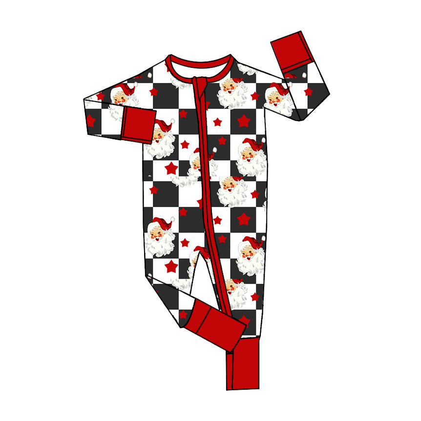 ( Moq 5 ) Preorder Baby Boy Long Sleeves Checked Santa Stars Zipper Christmas Romper