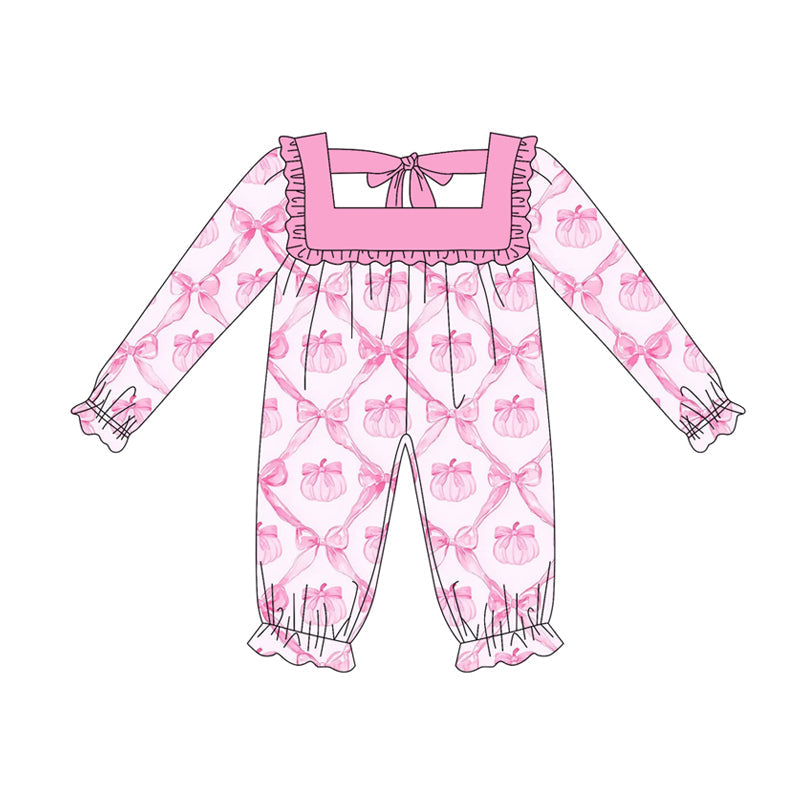 ( Moq 5 ) Preorder Baby Girl Long Sleeves Pink Bows Pumpkins Ruffle Romper