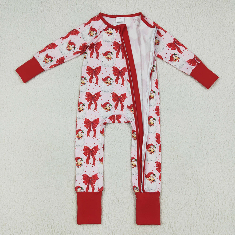 Sibling Baby Boys Girls Kids Christmas Bows Santa Two-way Zipper Footie Sleeper Rompers RTS