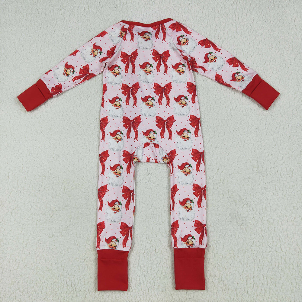 Sibling Baby Boys Girls Kids Christmas Bows Santa Two-way Zipper Footie Sleeper Rompers RTS